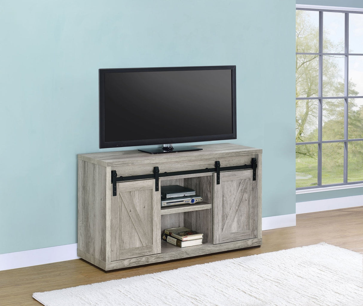 Brockton 48 - inch 3 - shelf Sliding Doors TV Console Grey Driftwood | Coaster | Home Elegance USA