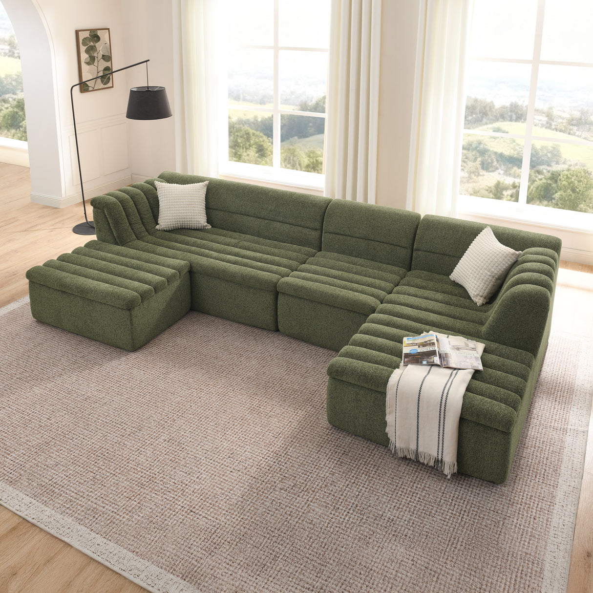 135' U-Shaped Modular Sectional Sofa with Chaise and Movable Ottoman for Living Room, Chenille Upholstered Boneless Couches with Wave-Shaped Armrest, No Pillows Included