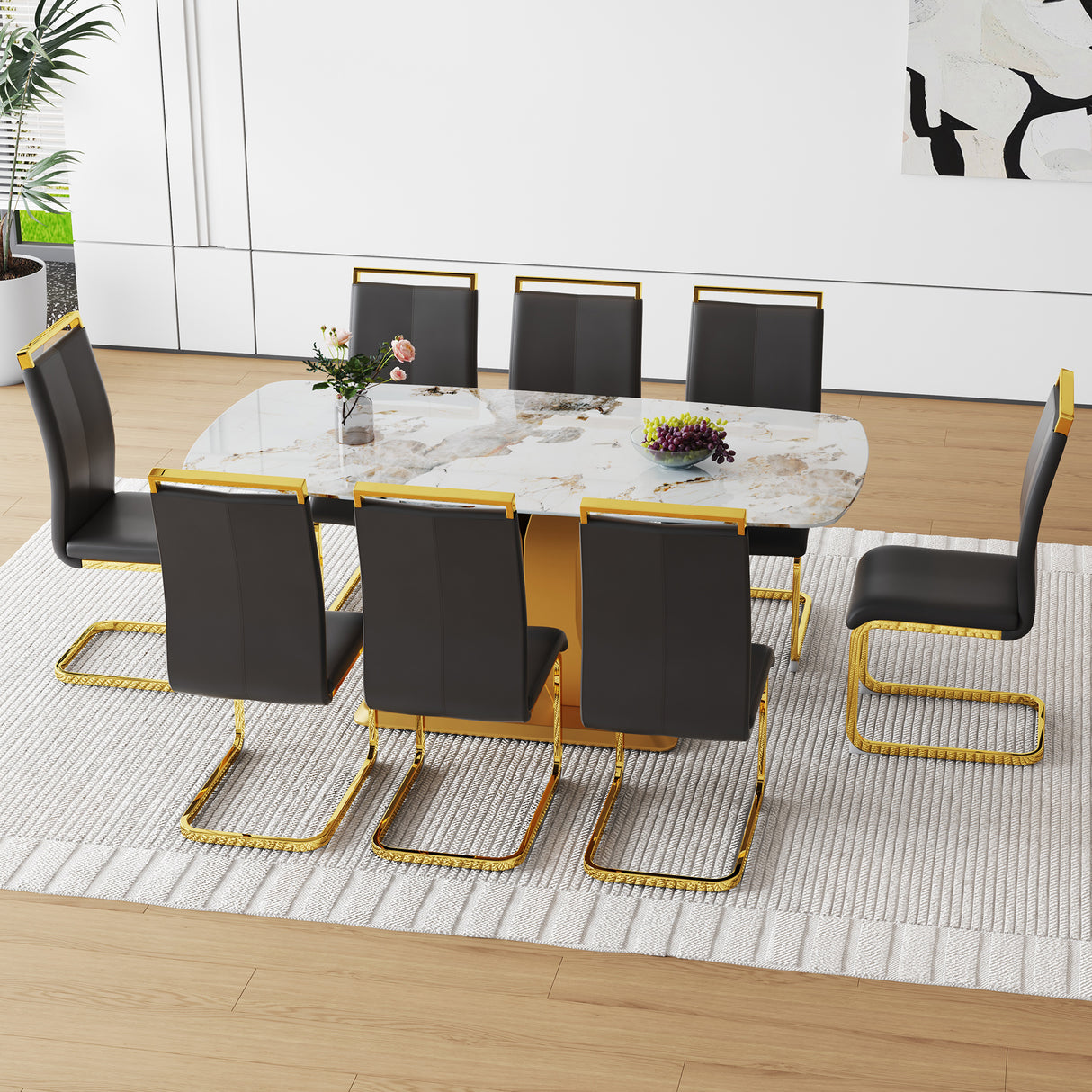 Table and chair set.71'x35.4'x30' Luxurious Pandora Patterned Glass Dining Tabletop with Golden Back To Back C-Shaped MDF Legs.Paried With 8 Black PU Chairs with golden C-tube metal leg.