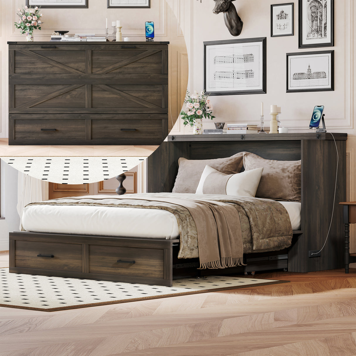 Queen Size Farmhouse Murphy Cabinet Bed with Charging Station, Foldable Platform Bed with Large Storage Drawer for Guest-Room, Small Bedroom, Rustic Gray(Old SKU: N733S237837G)
