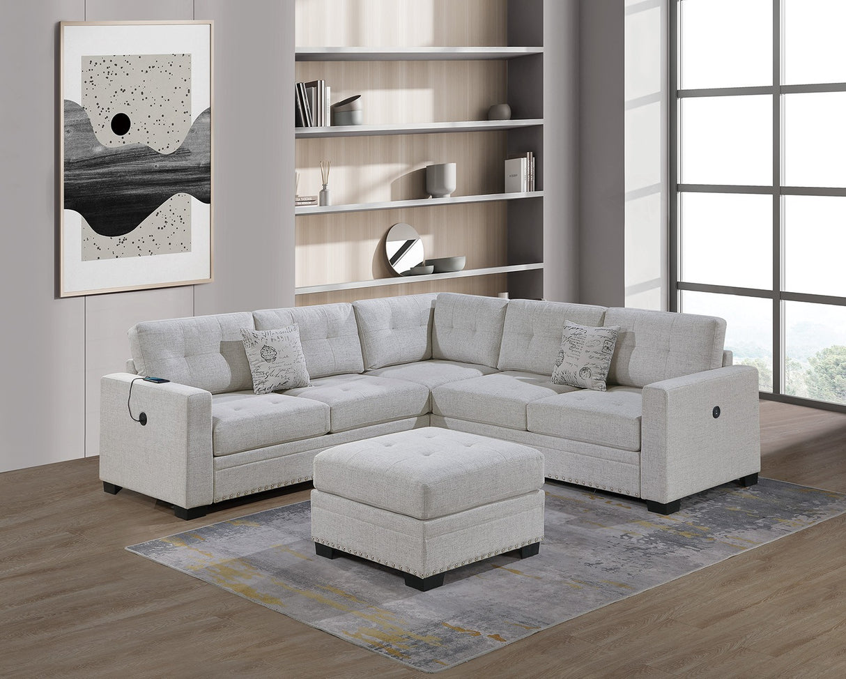 Casual Simple Tufted Couch Living Room Sectional 4pc Set Sincere Bone Color Fabric Upholstered RAF/LAF One-Arm Loveseat Wedge Ottoman