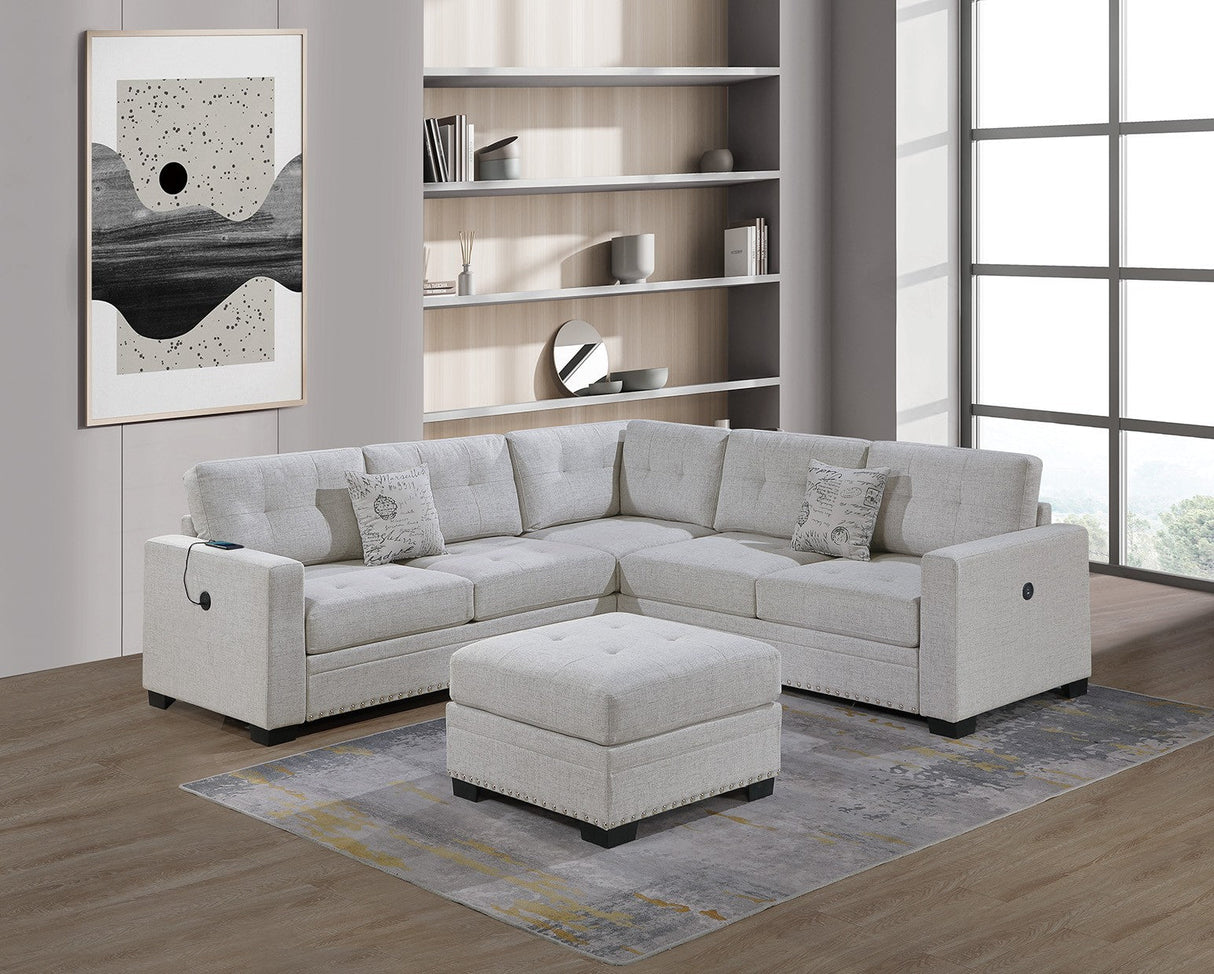 Casual Simple Tufted Couch Living Room Sectional 4pc Set Sincere Bone Color Fabric Upholstered RAF/LAF One-Arm Loveseat Wedge Ottoman - sold by Home Elegance USA