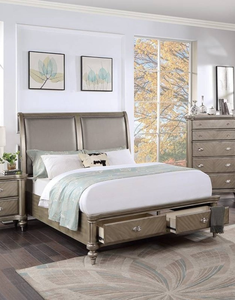 1pc California King Size Bed Two Panel Upholstered Headboard Footboard Drawers Antique Silver Finish Bedroom Furniture