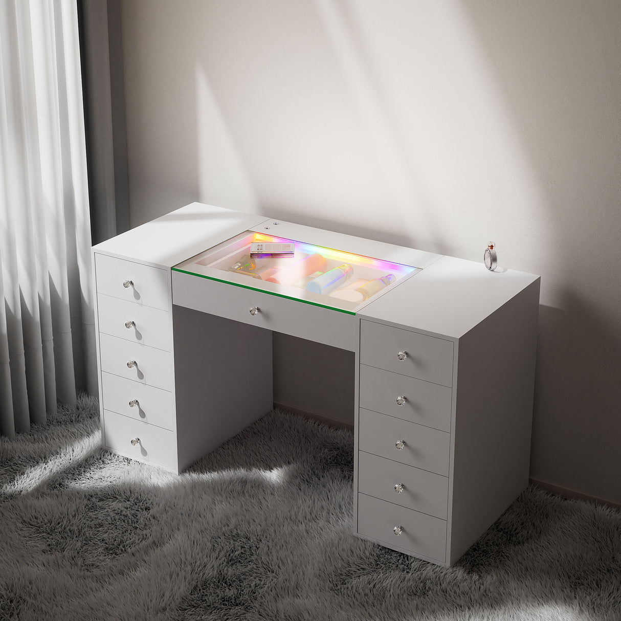 51.2' Vanity Desk with RGB LED Light Strip, Modern Glass Top Makeup Vanity with 11 Drawers, Large Dressing Table with 6 Color Lighting Modes for Bedroom