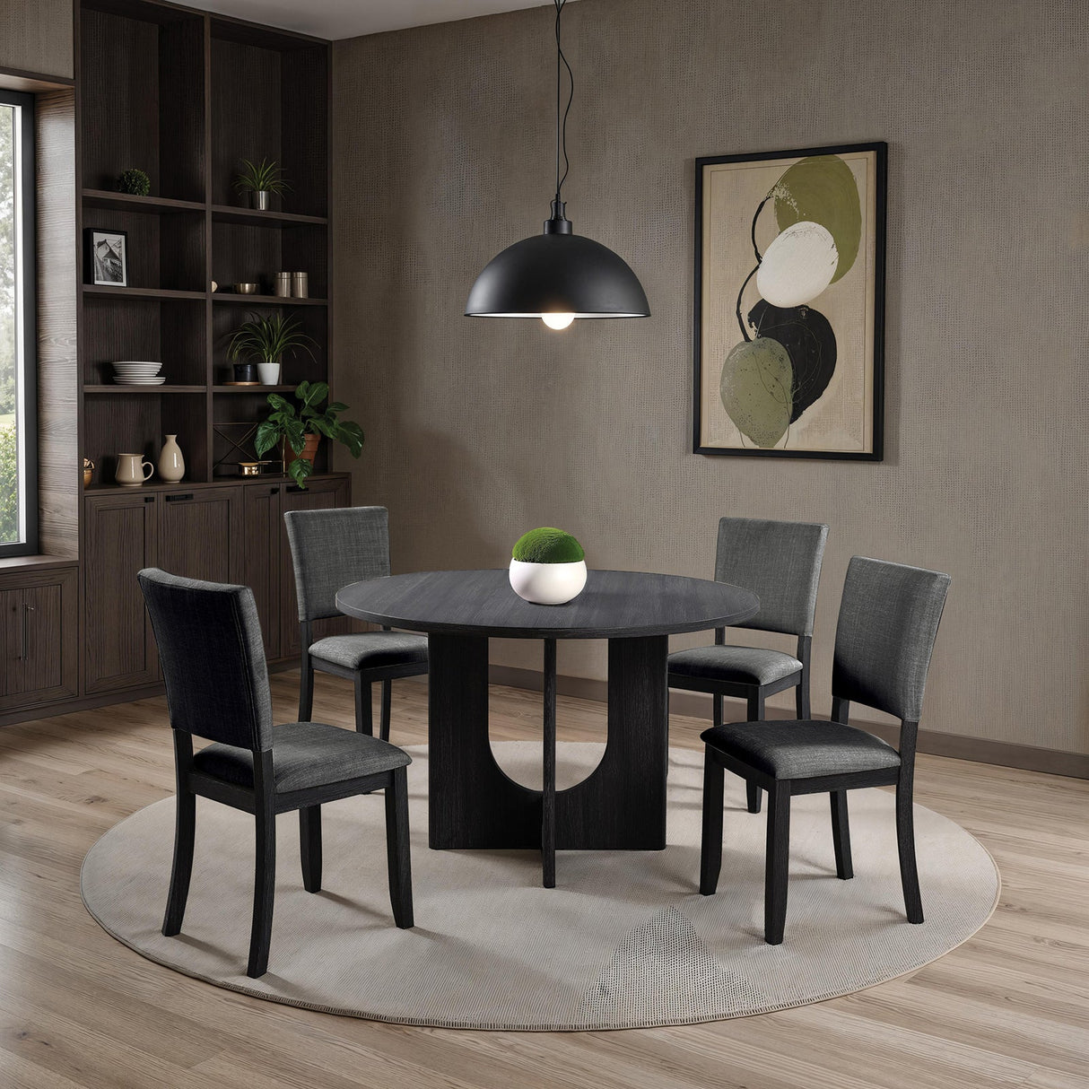 Contemporary Style 5pc Dining Set Kitchen Dinette Dark Gray Upholstered Fabric Chairs Round Table Pedestal Base Table 4x Side Chairs Dining Room - sold by Home Elegance USA