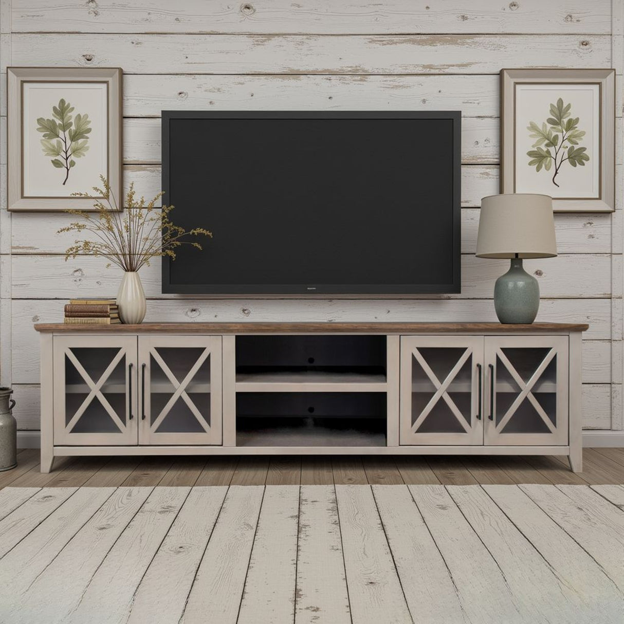 Consola para TV Ithaca de 96 pulgadas, para televisores de hasta 100 pulgadas, no requiere ensamblaje, acabado en arenisca y bourbon