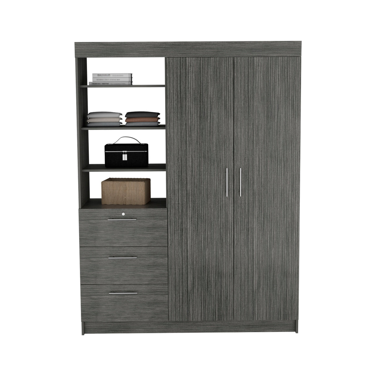 3-Tier Shelf and Drawers Armoire with Metal Handles, Smokey Oak - sold by Home Elegance USA