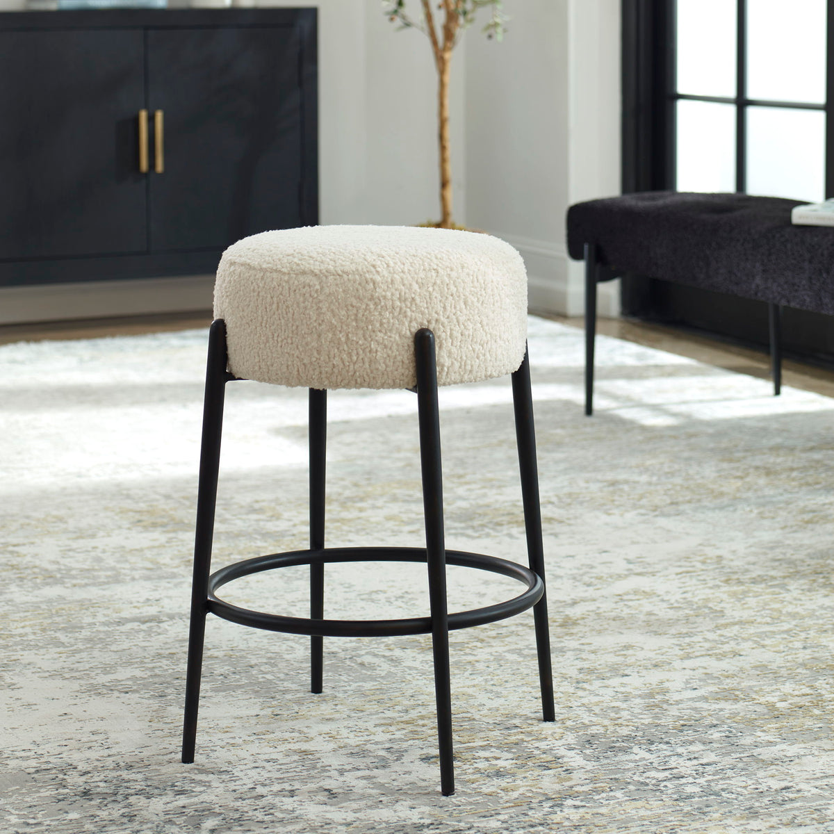Arles Plush Counter Stool - Black / White by Uttermost - View 2