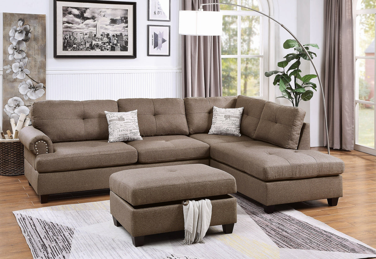 Contemporary 3-pcs Sectional Sofa Mocha Dorris Fabric Cushion Sofa Chaise Ottoman Reversible Couch Pillows - sold by Home Elegance USA