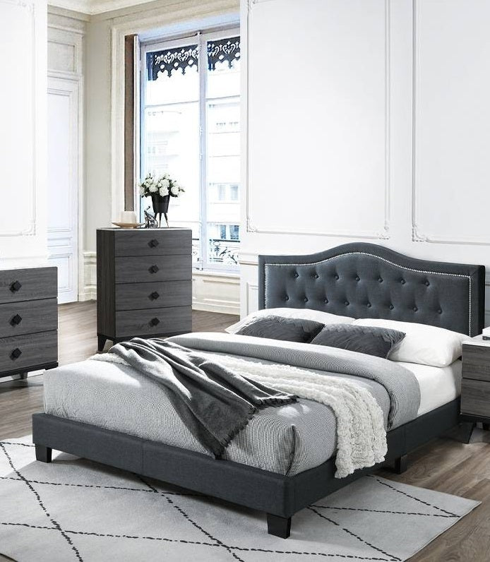 European Design 1pc Queen Bed Button Tufted Headboard Charcoal Finish Bedroom Furnish
