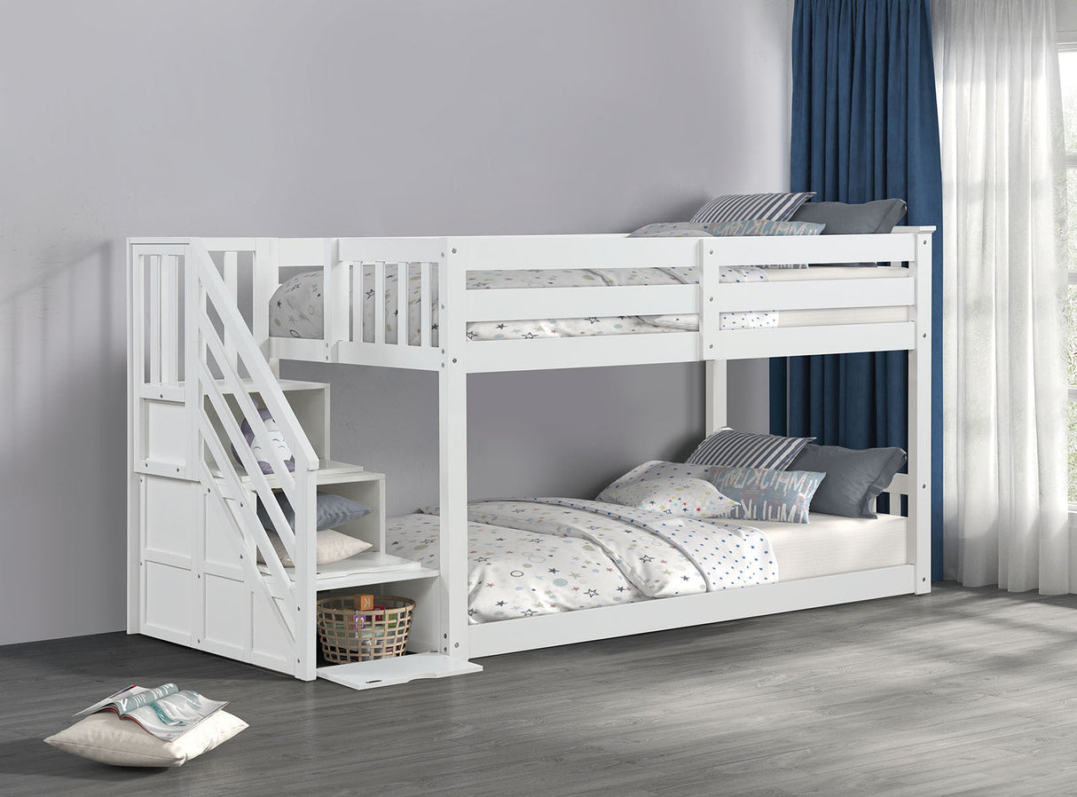 Transitional Style Twin Over Twin Low Bunk Bed Reversible Storage Drawers Staircase White Finish Mattress Ready Bedroom Furniture - sold by Home Elegance USA