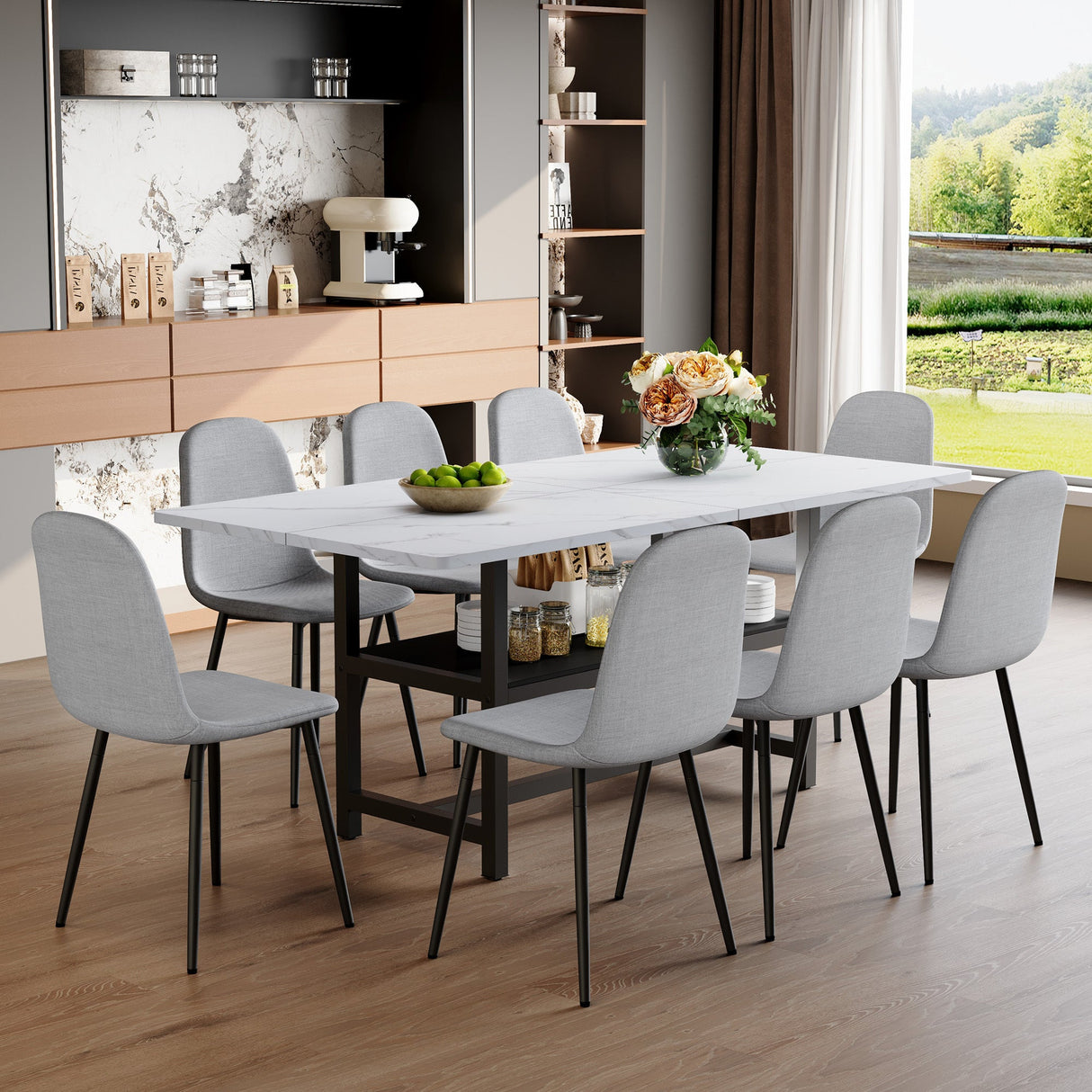 Table and chair set.71*35.4 inch White Grain Spliced Dining Table With Storage Function In The Middle Of The Table Legs.Paired with 8 Light Gray Linen-Cotton Material High Resilience Dining Chairs. - sold by Home Elegance USA