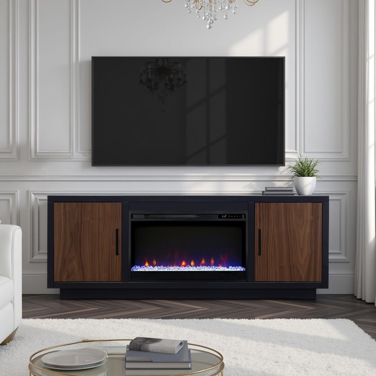 Soporte de TV con chimenea Aria de 66 pulgadas para televisores de hasta 80 pulgadas, montaje mínimo, acabado en negro y nogal