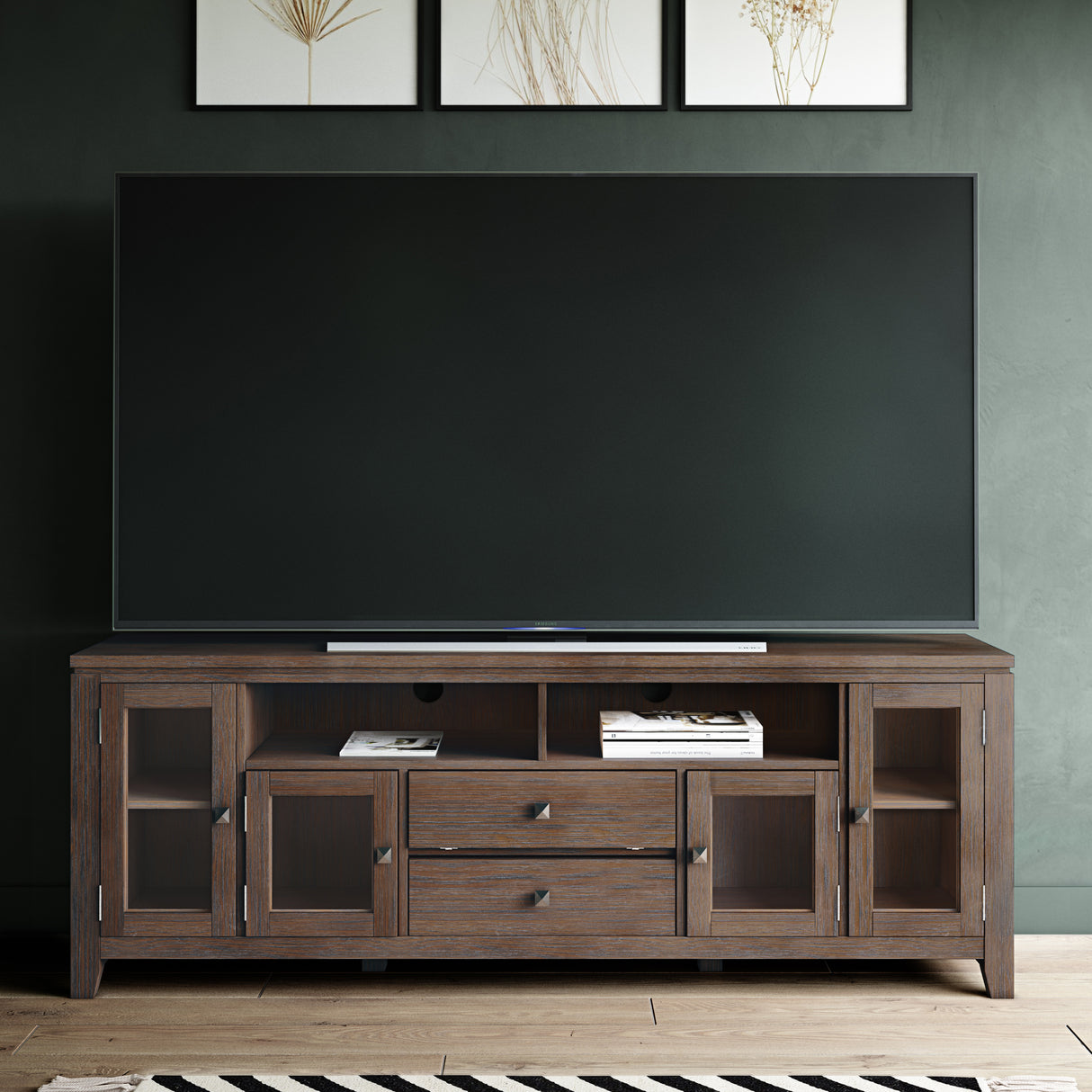 Cosmopolitan 72 inch Wide Solid Wood TV Stand in Farmhouse Brown For TVs up to 80 inches