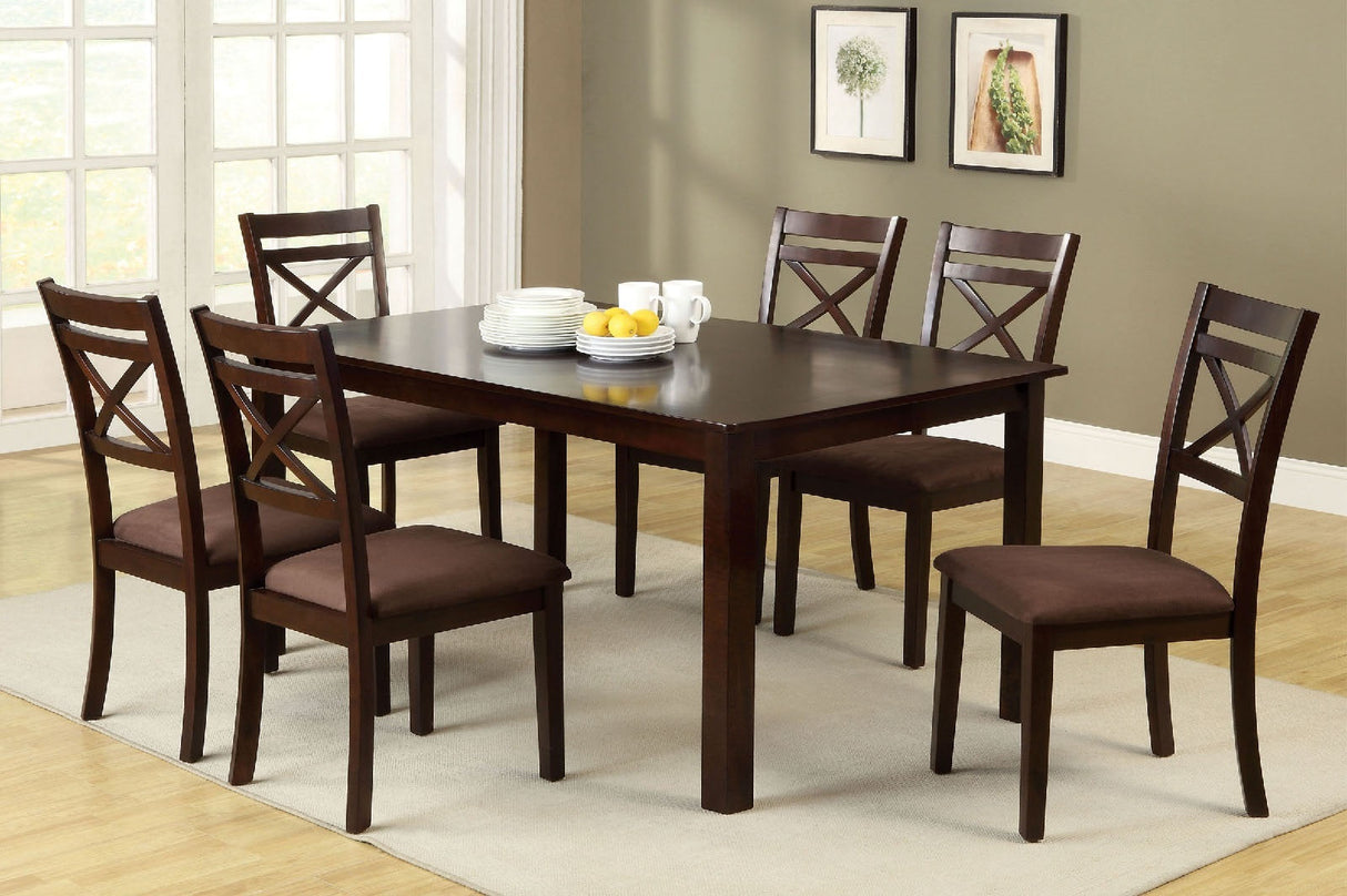 Transitional Style 7pc Dining Table Set 1x Table 6x Chair Microfiber Padded Seat Cross Back Seat Espresso Finish - sold by Home Elegance USA
