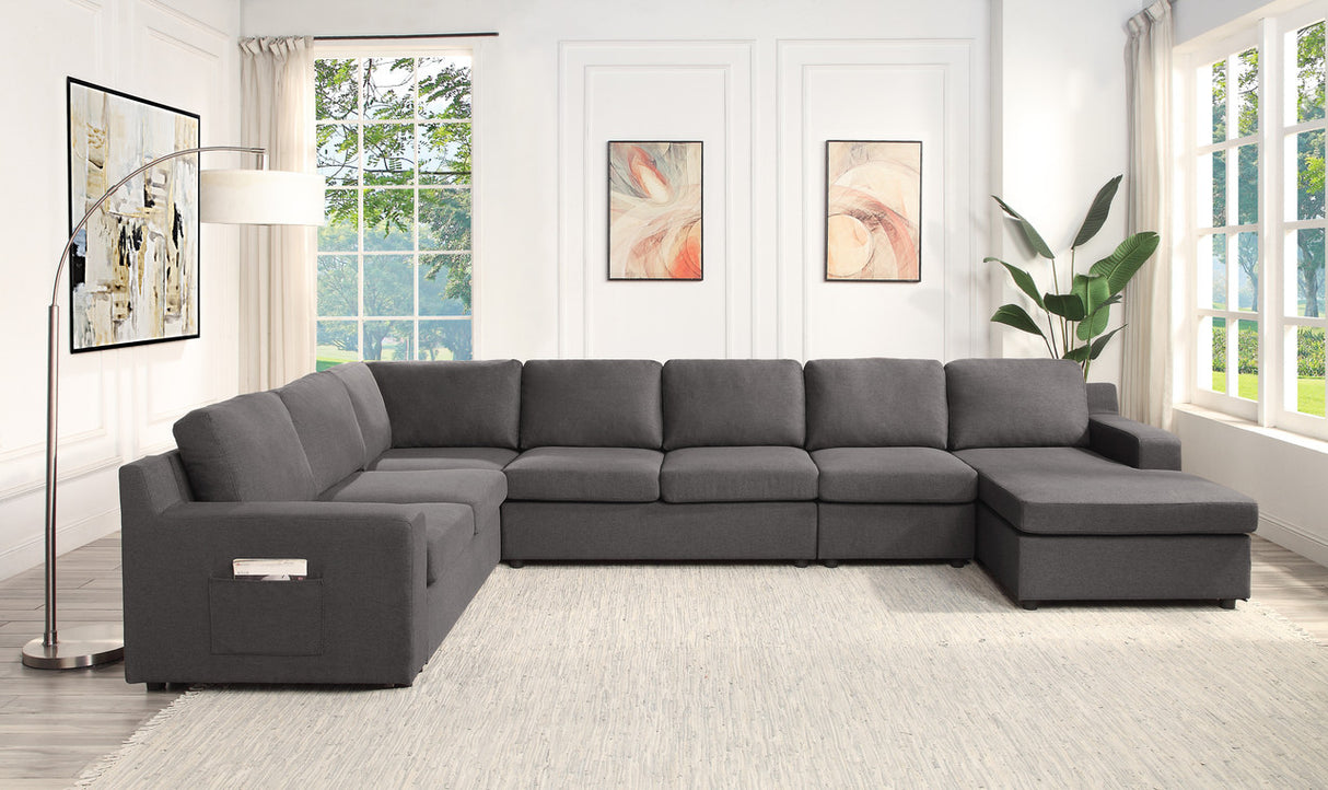 Waylon 145.5' Gray Linen 7-Seater U-Shape Sectional Sofa Chaise with Pocket
