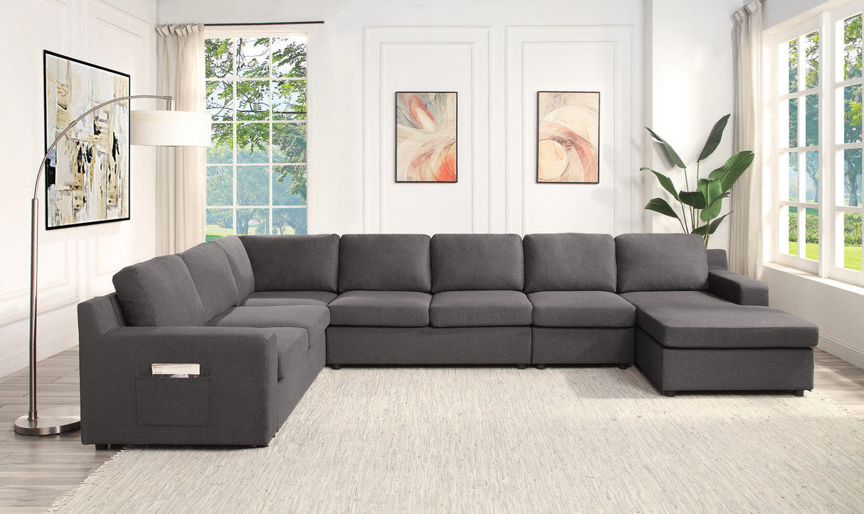 Waylon 145.5' Gray Linen 7-Seater U-Shape Sectional Sofa Chaise with Pocket - sold by Home Elegance USA