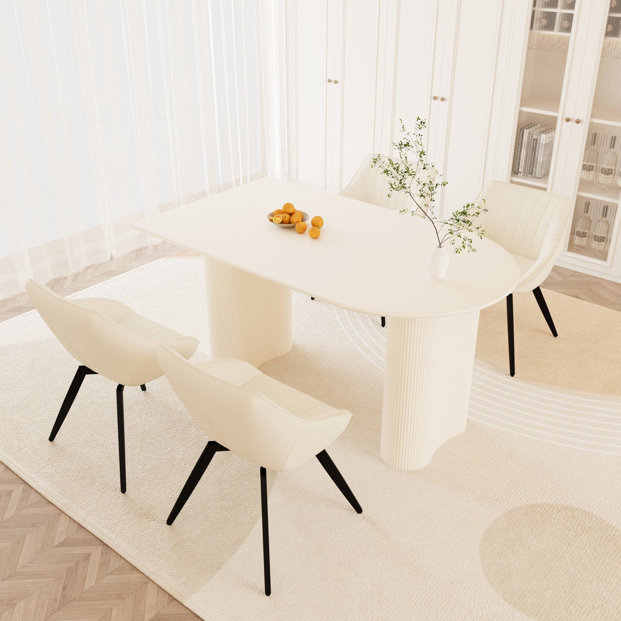 63' medieval modern cream style MDF dining table and beige PU dining chair set, 4 sets of black metal leg dining chairs, suitable for kitchen&home - sold by Home Elegance USA