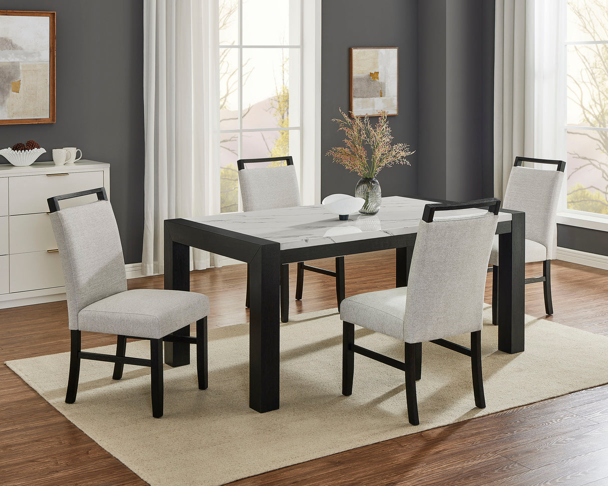 Juego de comedor de 5 piezas, estilo contemporáneo, mesa rectangular de imitación de mármol blanco, respaldo completo, sillas tapizadas, acabado gris claro y negro, muebles de madera para comedor.
