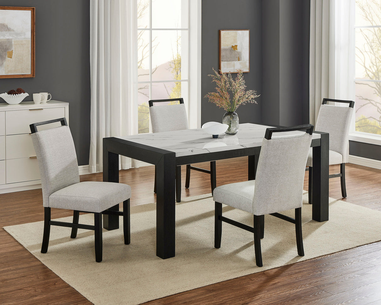 5pc Dining Set Contemporary Style White Faux Marble Rectangular Table Full Back Upholstered Chairs Light Gray Black Finish Dining Room Wooden Furniture - sold by Home Elegance USA