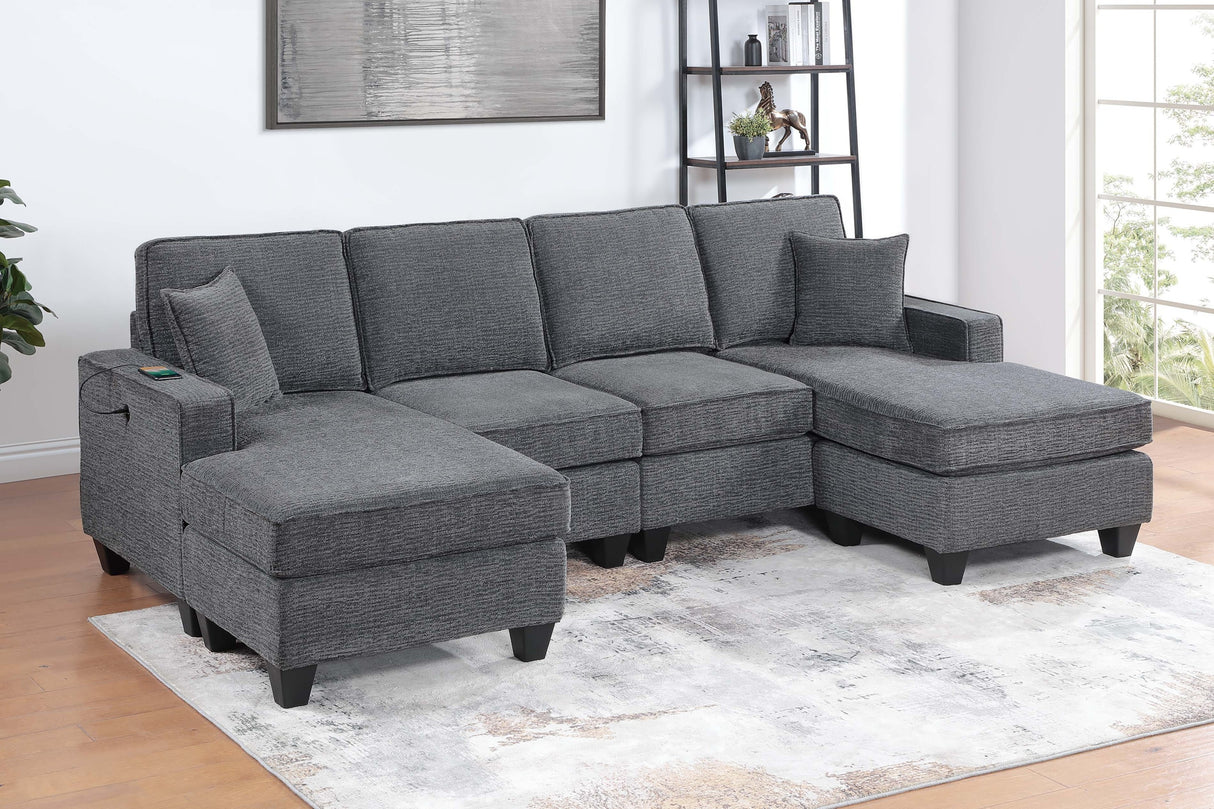 3pc Sectional Set Right Arm And Left Arm Chaise USB Port Armless Loveseat Plastic Legs Matching Two Pillows Primary Living Room Slate Gray Finish