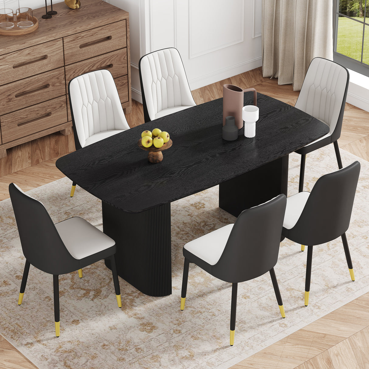 Table and chair set.67 * 35.4 inch black wood grain MDF dining table:a simple and luxurious, stable choice.Paired with 6 White and Dark Gray Spliced color chairs with PU cushions and black metal legs.