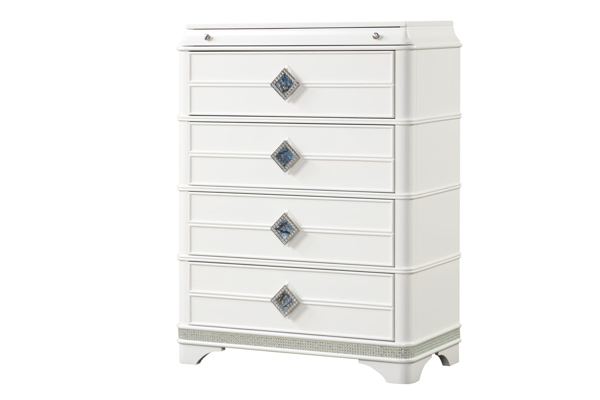 Laguna Modern Style 4-Drawer Chest Made with Wood, Hidden Jewelry Drawer and Crystal Accents in White same asG150108979 ( NJ inventory)