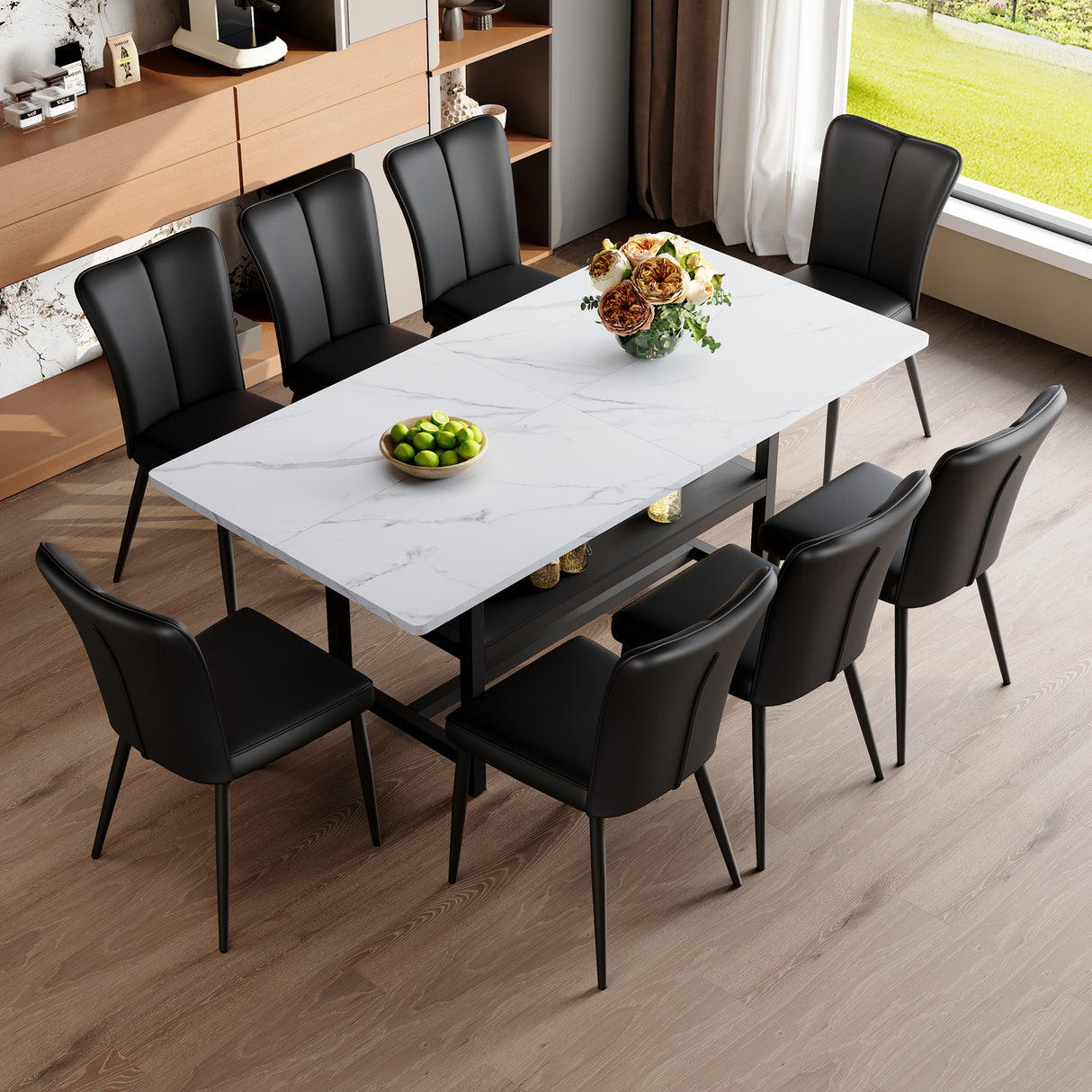 Table and chair set.71*35.4 inch White Grain Spliced Dining Table With Storage Function In The Middle Of The Legs.Paired with 8 Black PU chairs with a vertical stripe design on the backrest.