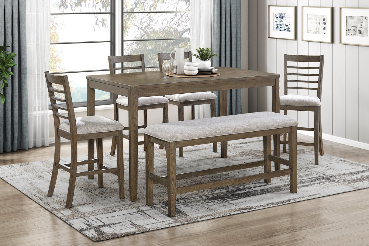 Stylish 6-Piece Counter Height Set Dining Table with Bench and Chairs Comfortable Light Brown Finish Wooden Dining Kitchen Furniture - sold by Home Elegance USA