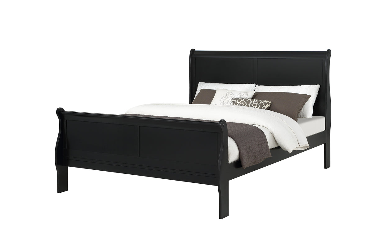 Louis Phillipe Black Finish King Size Panel Sleigh Bed Solid Wood Wooden Bedroom Furniture