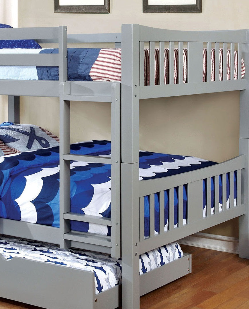 Full Over Full Bunk Bed Gray Finish Transitional Style Attached Ladder Upper Bed Rails Lock Joint Structure And Trundle-Not Included - sold by Home Elegance USA