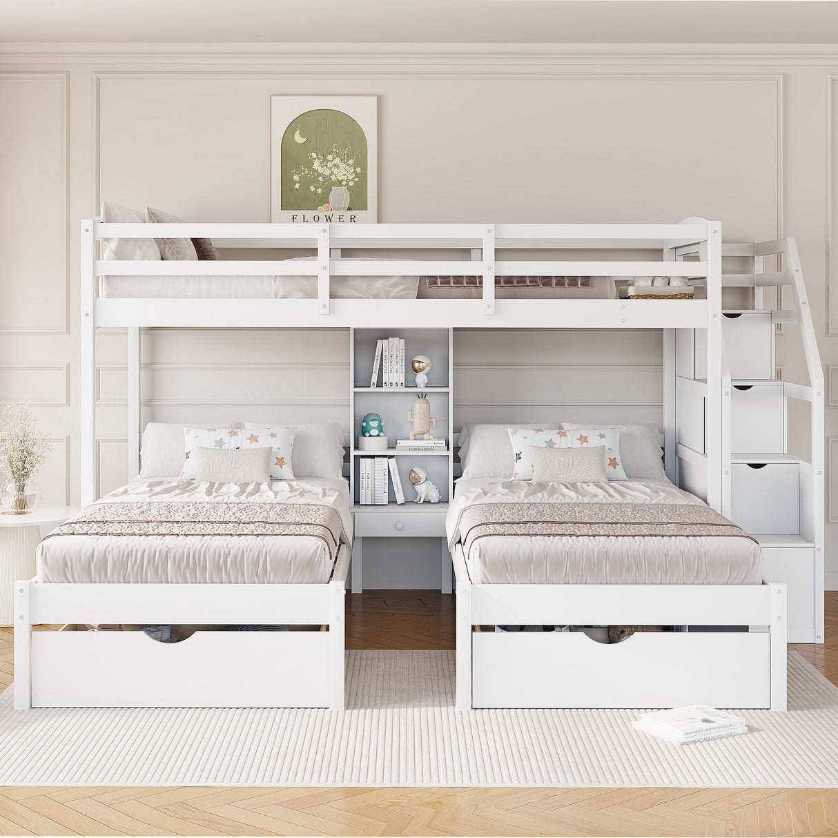 Twin over Twin&Twin Bunk Bed, Triple Bunk Bed with Drawers, Staircase with Storage, Built-in Shelves, White - sold by Home Elegance USA