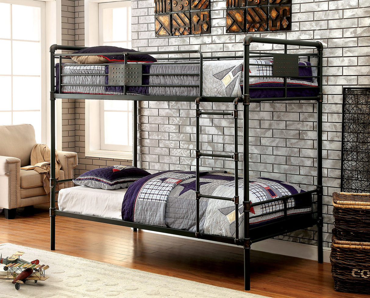 Industrial Style Bunk Bed Twin Over Twin Attached Ladder Full Metal And Pipe Inspired Structure Upper Guard Rails Antique Black
