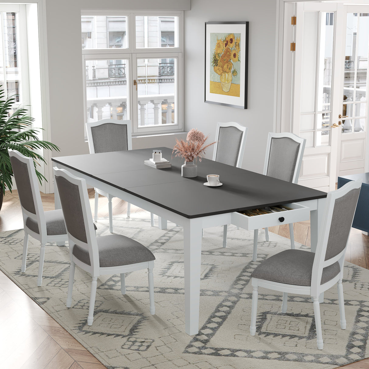 TOPMAX Rustic 7-Piece 78.1inch Extendable Dining Table Set with 18inch Removable Leaf, 6 Upholstered Dining Chairs, 2 Built-in Drawers, Dark Gray+White