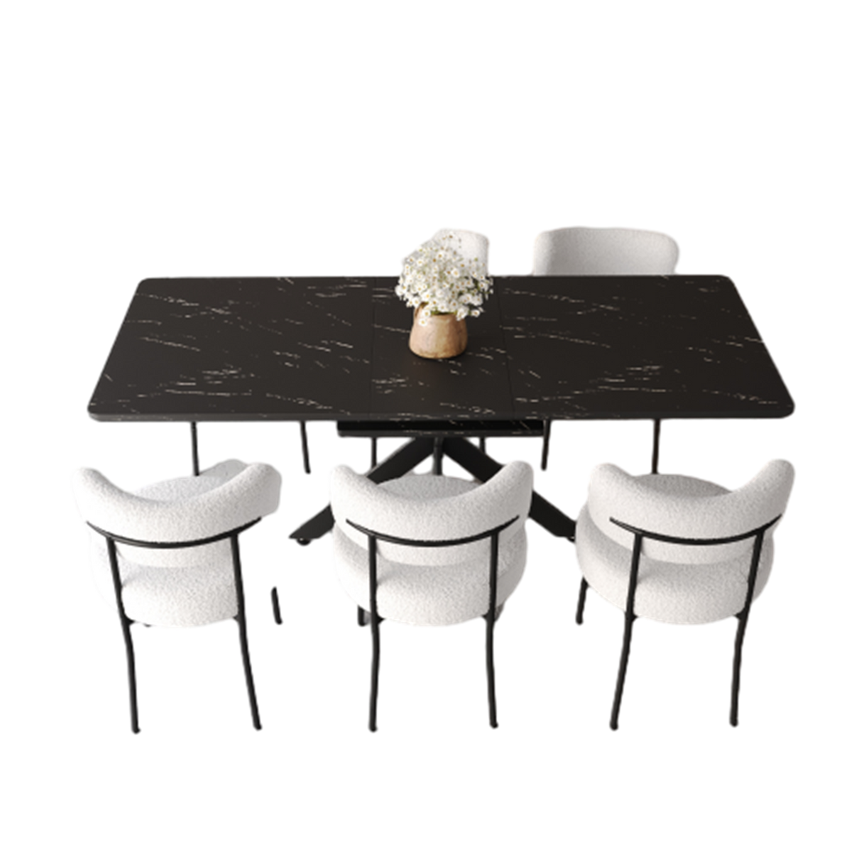 Modern Extendable Dining Table Set with Curved Backrest Upholstered Chairs for 6-8 Persons in Black and White MDF and Metal