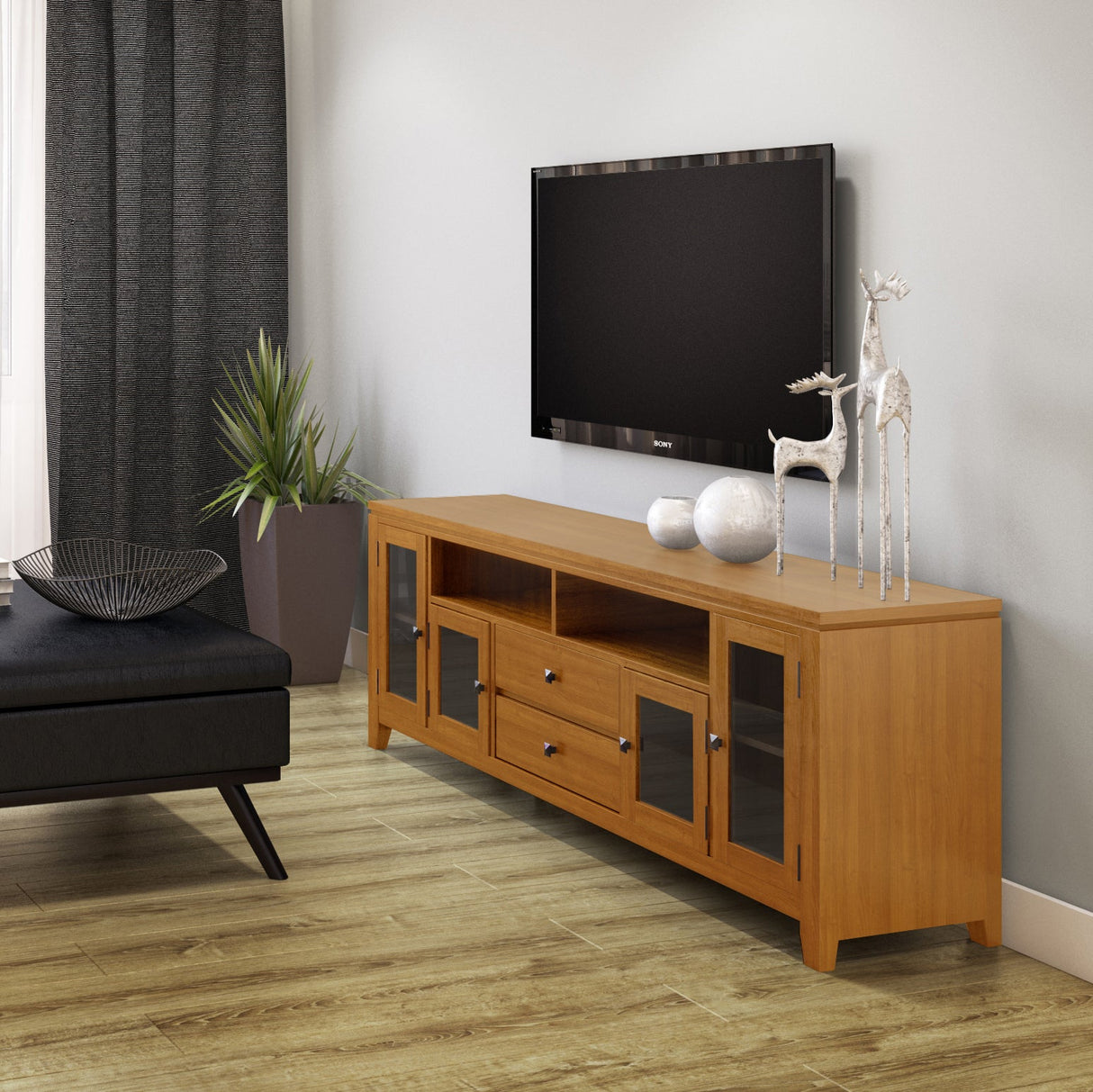 Cosmopolitan 72 inch Wide Solid Wood TV Stand in Light Golden Brown For TVs up to 80 inches - sold by Home Elegance USA