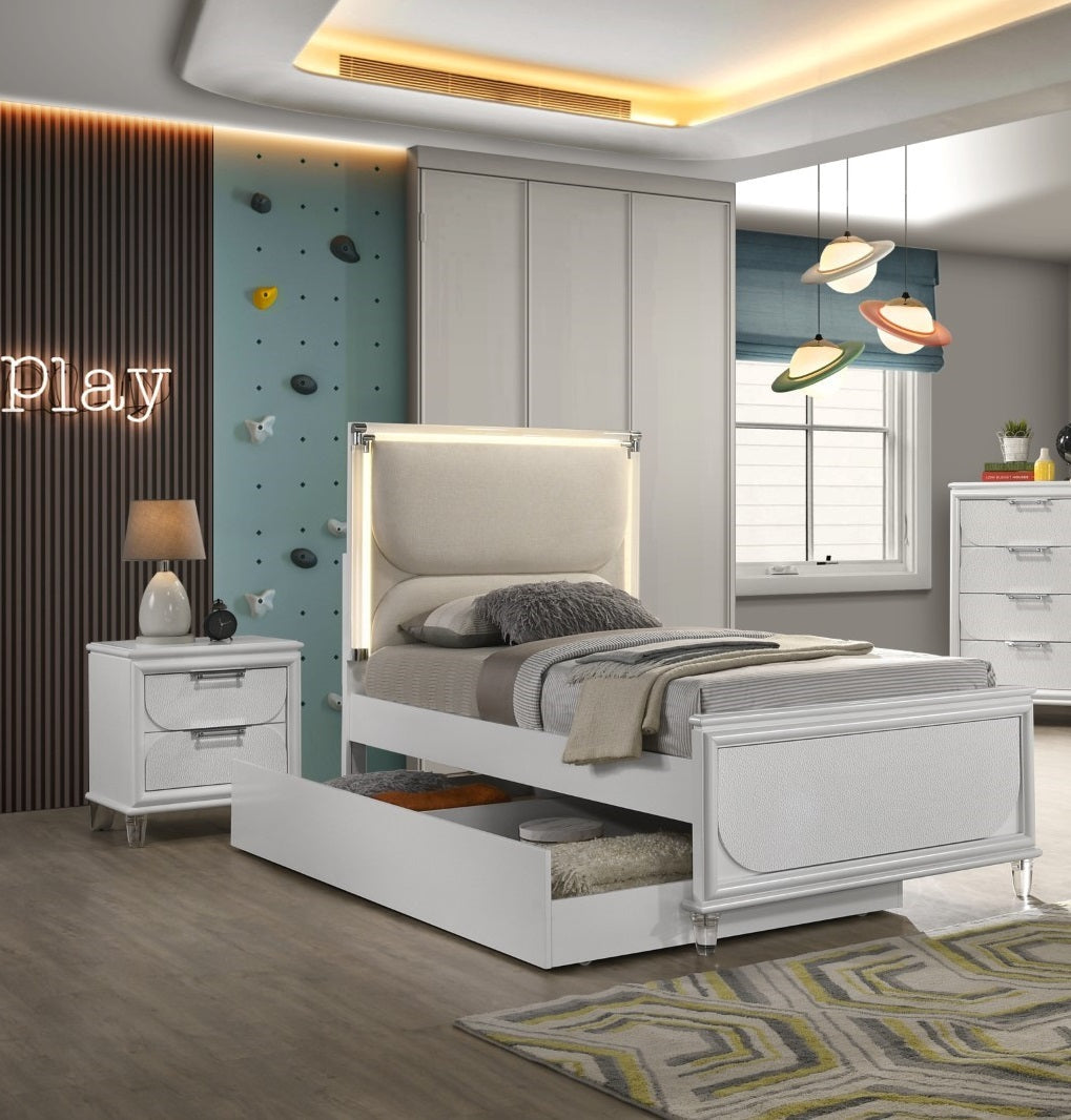 Contemporary Glam Pearl White Twin Size Bed W Trundle 2x Nightstands Embossed Panel 3pc Bedframe Bedroom Furniture - sold by Home Elegance USA