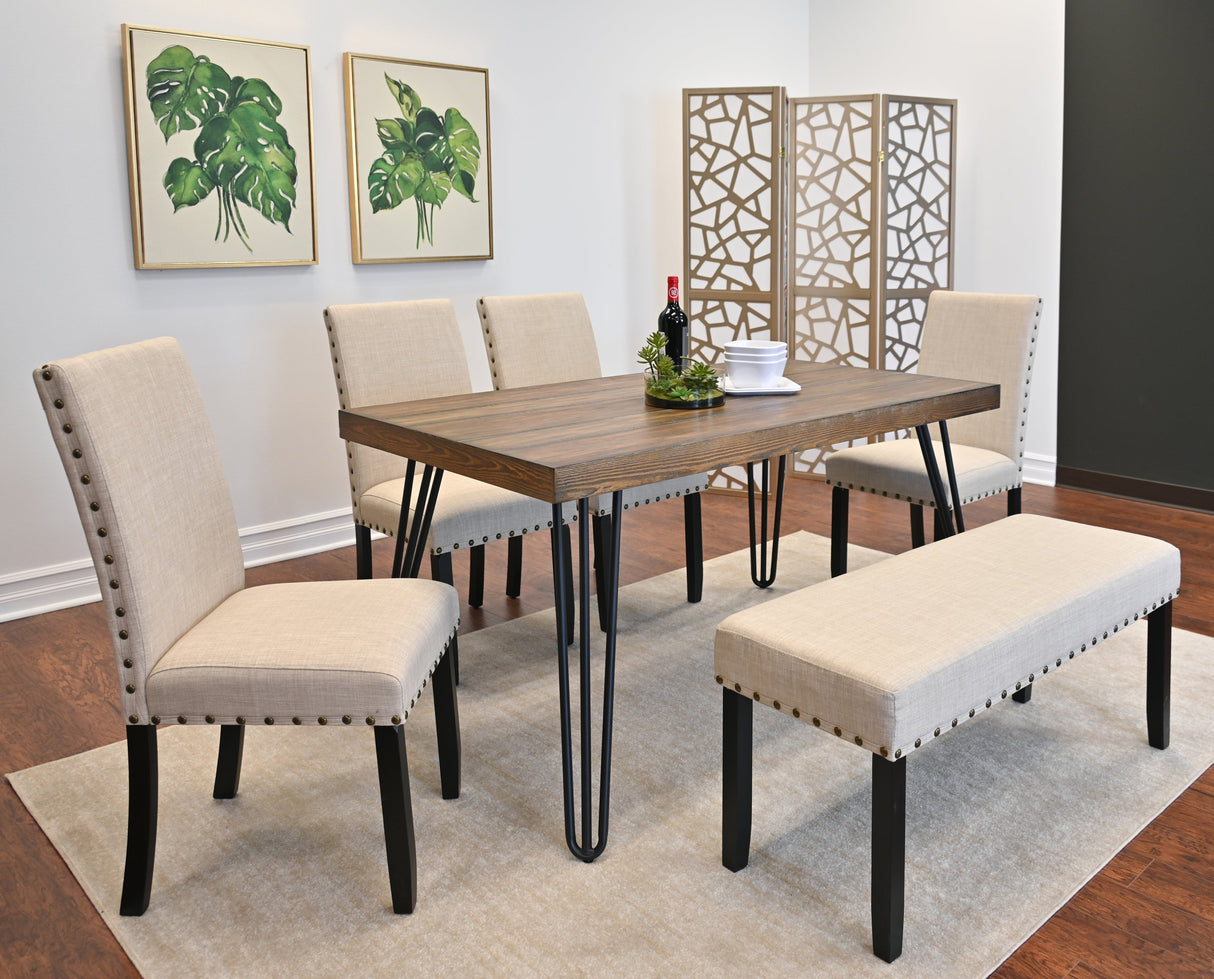 Amisos 6-Piece Dining Set, Hairpin Dining Table with 4 Chairs and Upholstery Bench, 3 Color Options - sold by Home Elegance USA