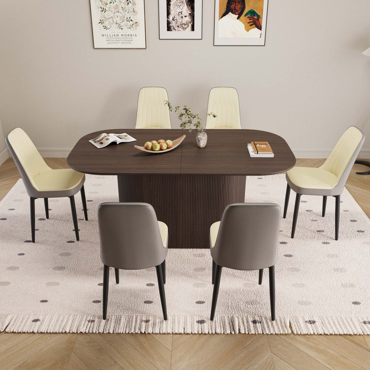 63 'medieval modern brown style MDF dining table and PU dining chair set 6. Assemble Desktop and black metal leg dining chair set, suitable for home&kitchen - sold by Home Elegance USA