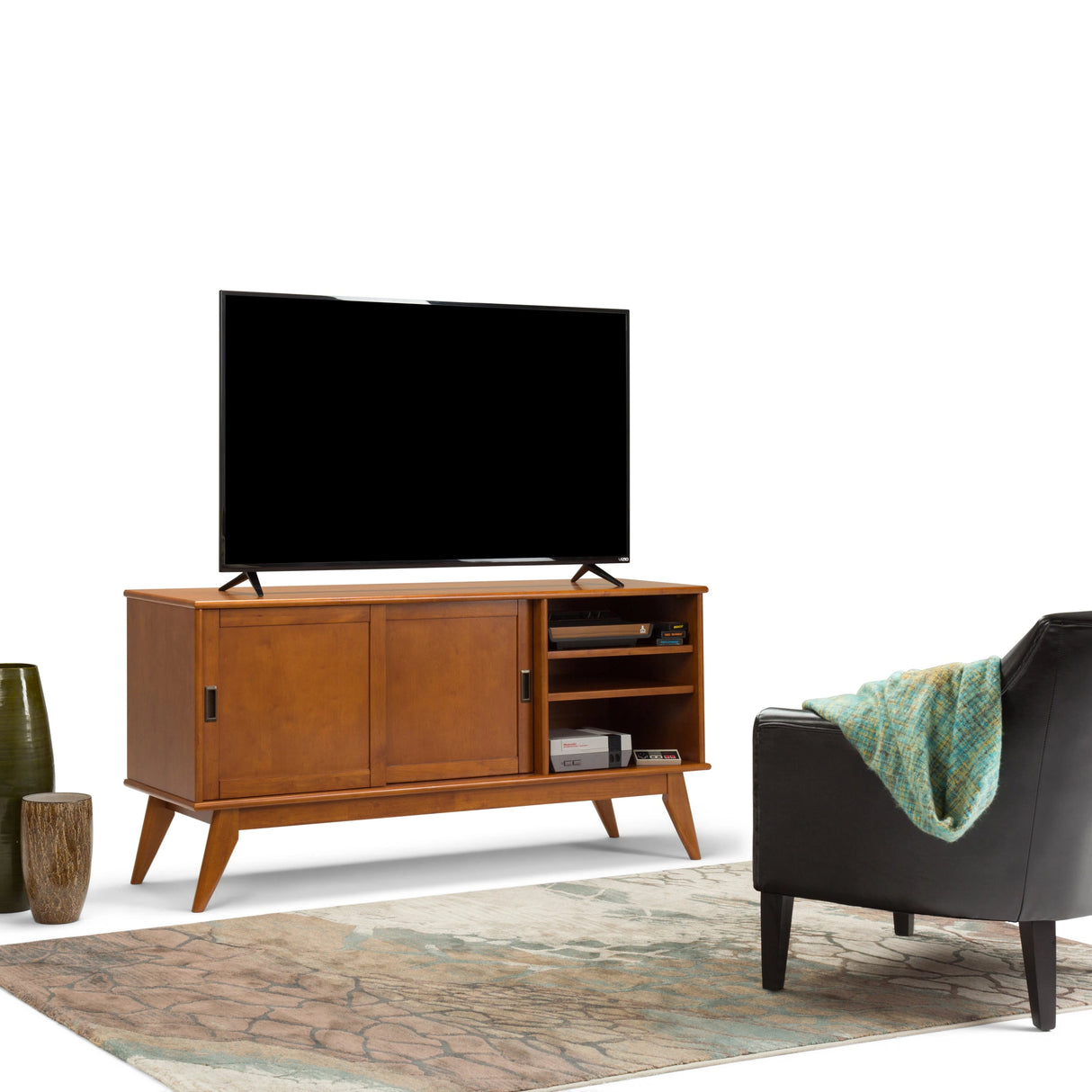 Draper 60 inch Wide Solid Wood Mid Century Medium TV Stand in Teak Brown For TVs up to 65 inches - sold by Home Elegance USA