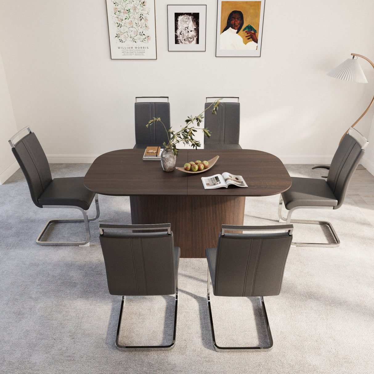 63 'medieval modern brown style MDF dining table and PU armless dining chair set 6. Assemble Desktop and Silver plated metal leg dining chair set, suitable for home&kitchen - sold by Home Elegance USA