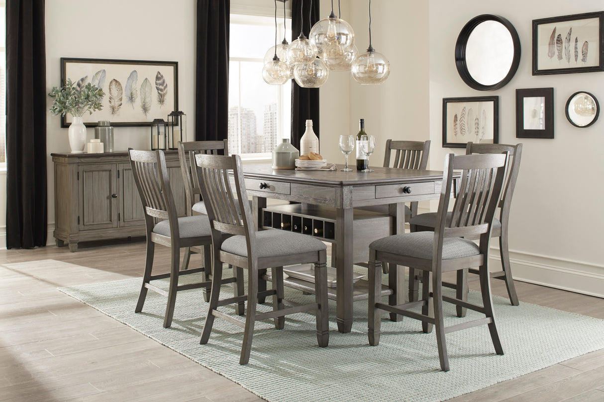 Antique Gray Dining Furniture Counter Height Table w Drawers Wine Rack Shelf and 6x Counter Height Chairs 7pc Set Dining Set Classic Style - sold by Home Elegance USA
