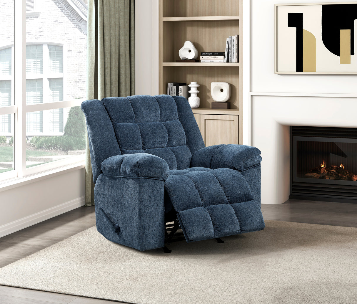 Gentle Rocking Motion Reclining Chair 1pc Blue Chenille Upholstery Ultra Comfort Living Room Furniture