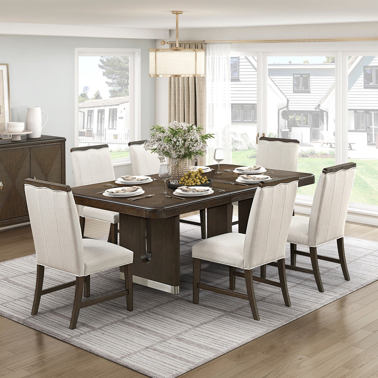 Modern Brown Finish Dining Set 7pcs Extendable Table with 6x Side Chairs Beige Upholstered Comfort Durable Metallic Accent Table Base Wooden Furniture - sold by Home Elegance USA