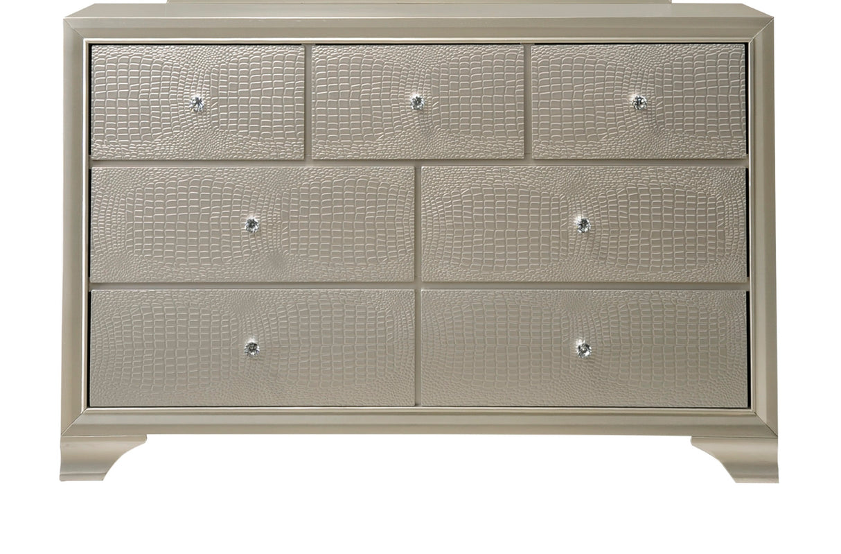 1pc Modern Glam Style Champagne Finish Glam Seven Drawer Dresser Embossed Crocodile Pattern Wooden Bedroom Furniture