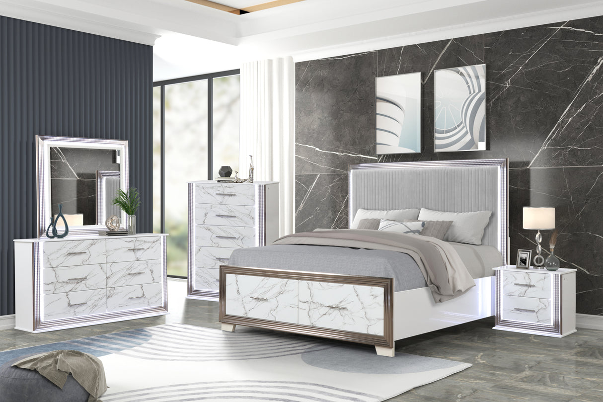 Desire King 5-Piece Bedroom Set – LED Upholstered Bed, Marble-Fronted Storage Units, and Metallic Accents for a Complete and Luxurious Bedroom Makeover(CA INVENTORY)