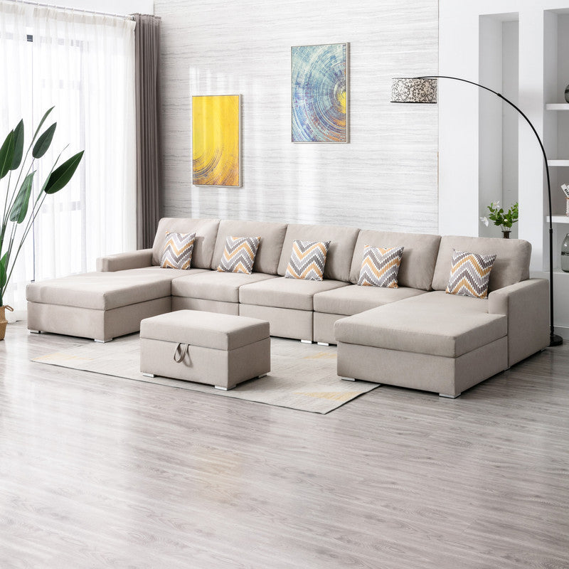 Nolan 152' Beige Linen Fabric 6Pc Double Chaise Sectional Sofa with Interchangeable Legs, Storage Ottoman, and Pillows - sold by Home Elegance USA