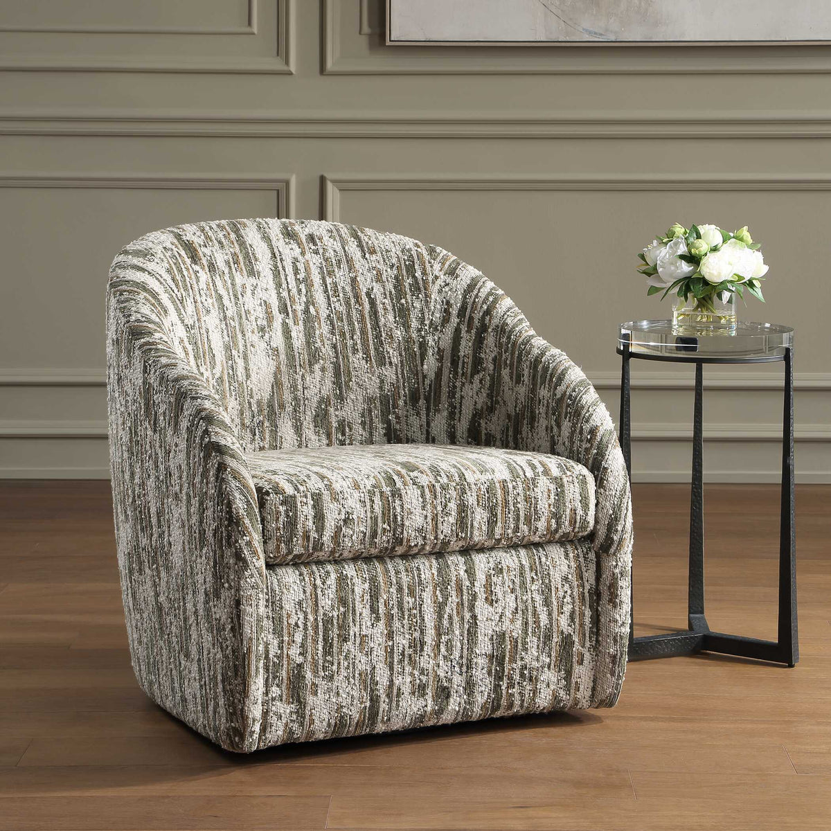 Mari Boucle Swivel Chair - Green / White by Uttermost - View 4