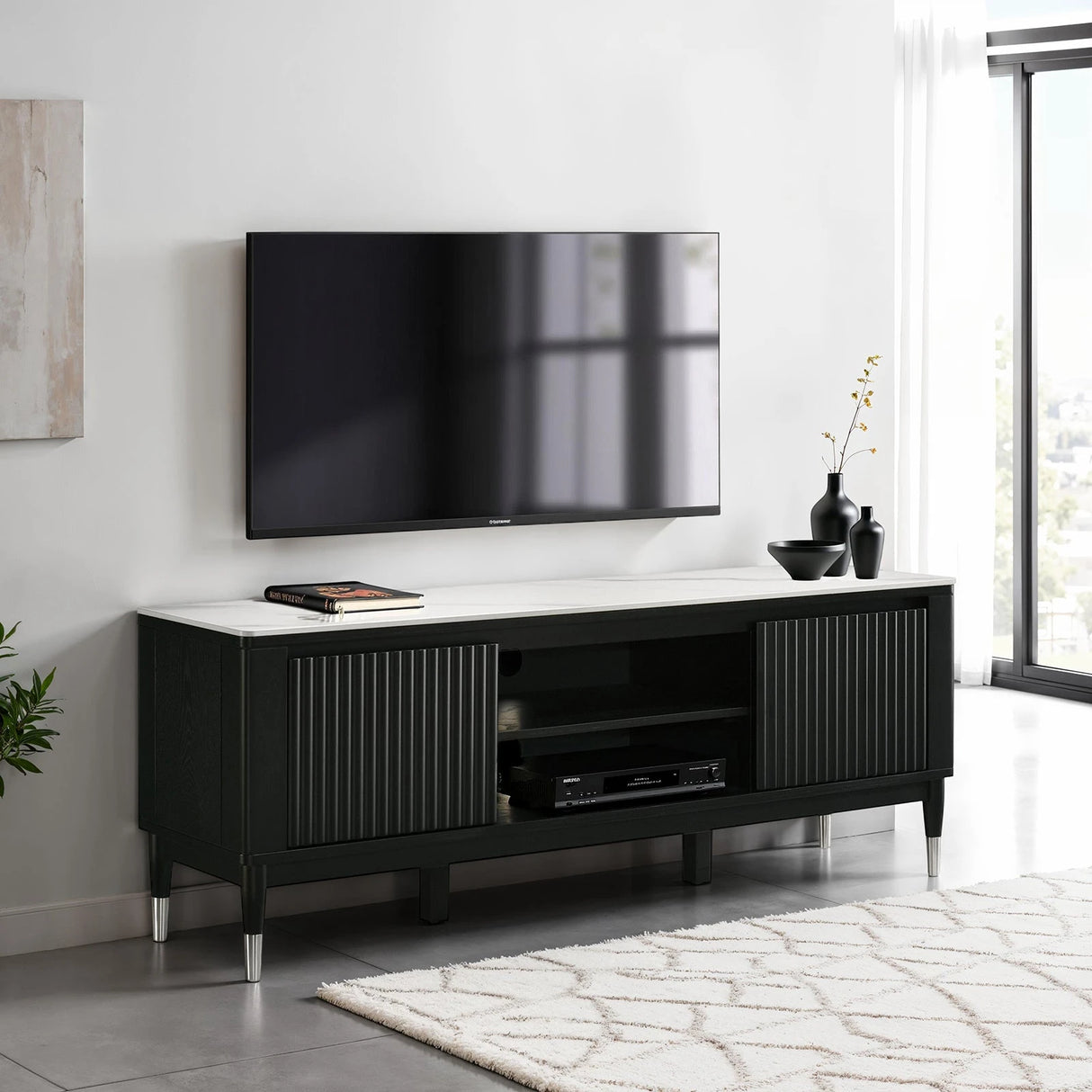 Contemporary Style TV Console Sintered Stone Top Silver Capped Arrow Legs Open Shelves Black And White Finish Primary Living Room - Home Elegance USA