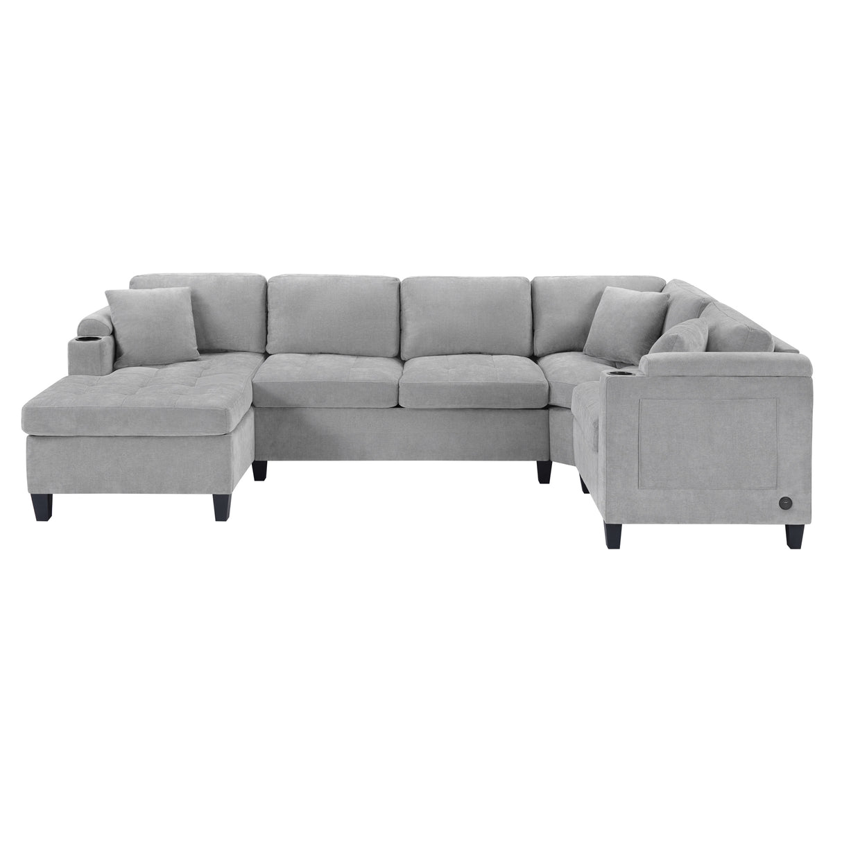 Modern U-shaped Sectional Sofa 115.7' Corner Living Room Couch with Built-in Cup Holders, Storage, USB Ports in Light Grey Chenille Fabric